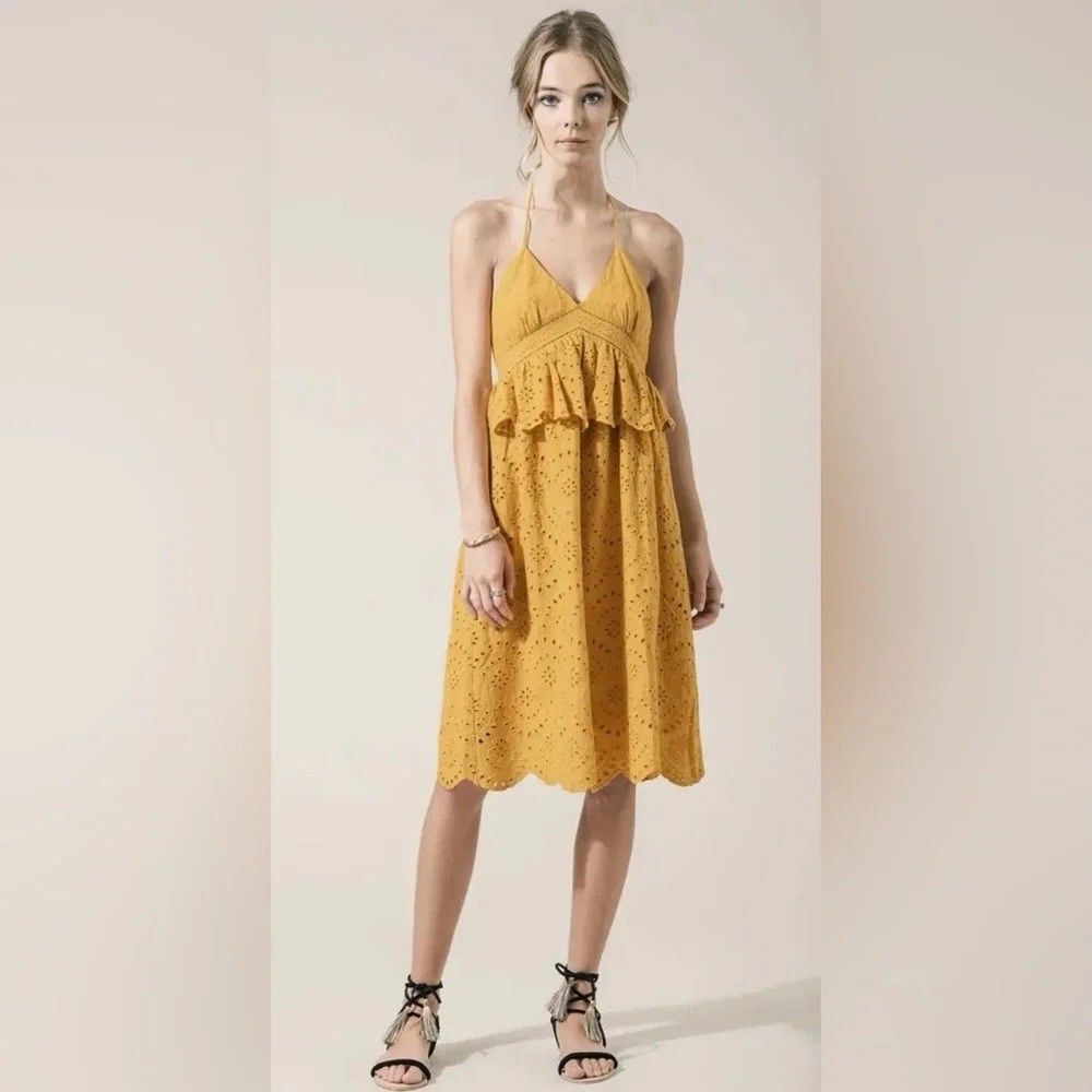 Moon River Mustard Yellow Eyelet Midi Dress